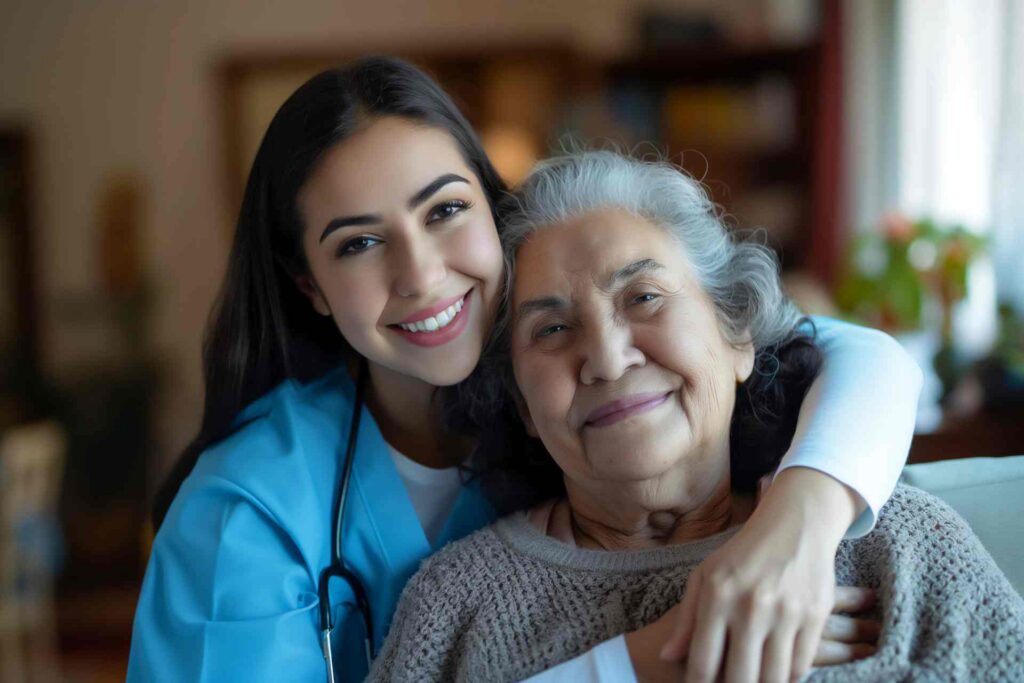Home health aide providing care and support to an elderly woman at home